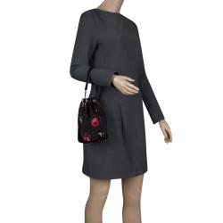 Pre Owned Prada Black Floral Print Nylon Drawstring Bucket Bag