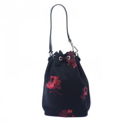 Pre Owned Prada Black Floral Print Nylon Drawstring Bucket Bag