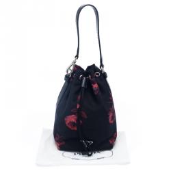 Pre Owned Prada Black Floral Print Nylon Drawstring Bucket Bag