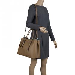 Pre Owned Prada Brown Saffiano Cuir Leather Convertible Tote