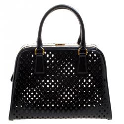 Pre Owned Prada Black Perforated Saffiano Patent Leather Pyramid Double Handle Bag