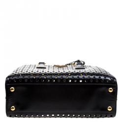 Pre Owned Prada Black Perforated Saffiano Patent Leather Pyramid Double Handle Bag