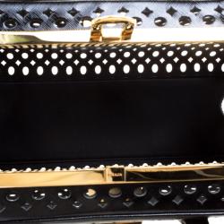 Pre Owned Prada Black Perforated Saffiano Patent Leather Pyramid Double Handle Bag