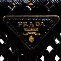 Pre Owned Prada Black Perforated Saffiano Patent Leather Pyramid Double Handle Bag