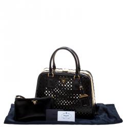 Pre Owned Prada Black Perforated Saffiano Patent Leather Pyramid Double Handle Bag