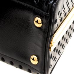 Pre Owned Prada Black Perforated Saffiano Patent Leather Pyramid Double Handle Bag