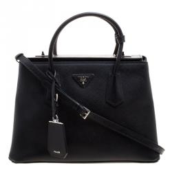 Pre Owned Prada Black Saffiano Cuir Leather Twin Tote