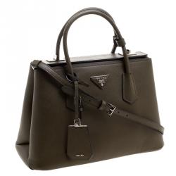 Pre Owned Prada Military Green Saffiano Cuir Leather Twin Tote