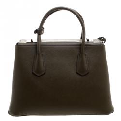 Pre Owned Prada Military Green Saffiano Cuir Leather Twin Tote