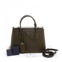 Pre Owned Prada Military Green Saffiano Cuir Leather Twin Tote