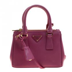 Pre Owned Prada Fuchsia Saffiano Lux Leather Mini Double Zip Shoulder Bag