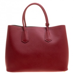 Pre Owned Prada Red Saffiano Cuir Leather Double Handle Tote