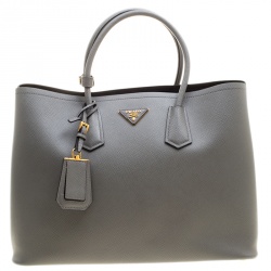 Prada Grey/Burgundy Saffiano Cuir Leather Medium Double Handle