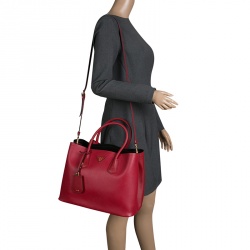 Pre Owned Prada Red Saffiano Cuir Leather Convertible Tote