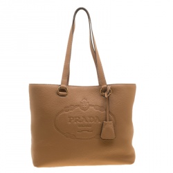 Pre Owned Prada Camel Vitello Daino Leather Logo Embossed Tote