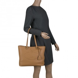 Pre Owned Prada Camel Vitello Daino Leather Logo Embossed Tote
