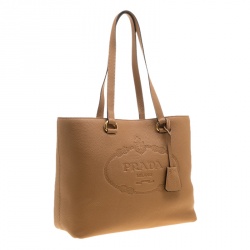Pre Owned Prada Camel Vitello Daino Leather Logo Embossed Tote