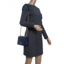 Pre Owned Prada Blue Saffiano Soft Cahier Leather Flap Crossbody Bag