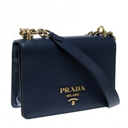 Pre Owned Prada Blue Saffiano Soft Cahier Leather Flap Crossbody Bag