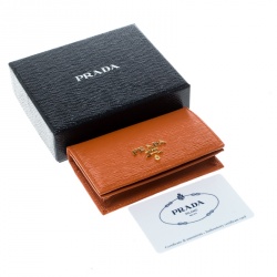 Pre Owned Prada Orange Vitello Move Leather Card Holder 