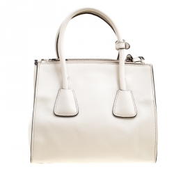 Pre Owned Prada Off White Leather Double Zip Tote
