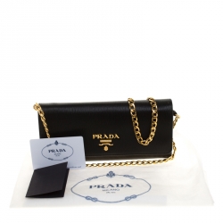 Pre Owned Prada Black Vitello Move Leather Continental Wallet On Chain