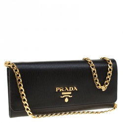 Pre Owned Prada Black Vitello Move Leather Continental Wallet On Chain