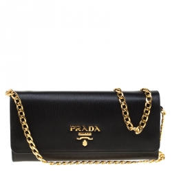 Pre Owned Prada Black Vitello Move Leather Continental Wallet On Chain