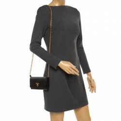 Pre Owned Prada Black Vitello Move Leather Continental Wallet On Chain