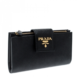 Pre Owned Prada Black Saffiano Metal Leather Continental Wallet