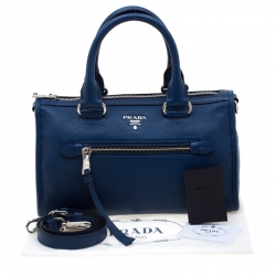 Prada Blue Leather Front Zip Convertible Bowler Bag