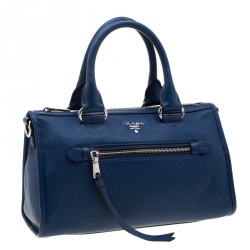 Prada Blue Leather Front Zip Convertible Bowler Bag