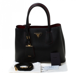 Pre Owned Prada Black Saffiano Cuir Leather Medium Double Handle Tote