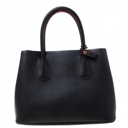 Pre Owned Prada Black Saffiano Cuir Leather Medium Double Handle Tote