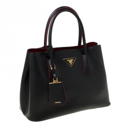 Pre Owned Prada Black Saffiano Cuir Leather Medium Double Handle Tote