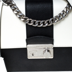 Pre Owned  Prada White/Black Saffiano Leather Pattina Bianco Shoulder Bag