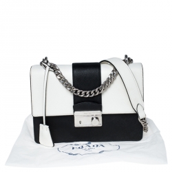 Pre Owned  Prada White/Black Saffiano Leather Pattina Bianco Shoulder Bag
