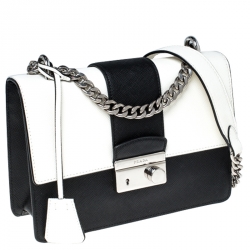 Pre Owned  Prada White/Black Saffiano Leather Pattina Bianco Shoulder Bag