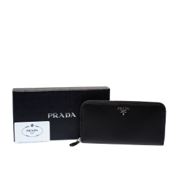 Pre Owned Prada Black Saffiano Leather Zip Around Wallet