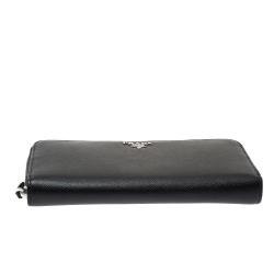 Pre Owned Prada Black Saffiano Leather Zip Around Wallet