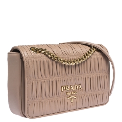 Pre Owned Prada Nude Beige Gaufre Leather Flap Chain Shoulder Bag