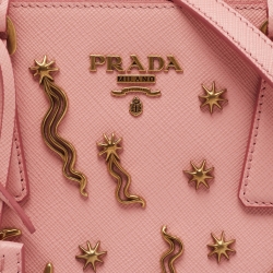 Pre Owned Prada Pink Saffiano Lux Leather Small Star Moon Galleria Double Zip Tote