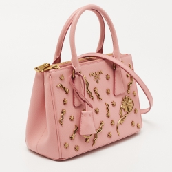 Pre Owned Prada Pink Saffiano Lux Leather Small Star Moon Galleria Double Zip Tote