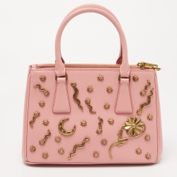 Pre Owned Prada Pink Saffiano Lux Leather Small Star Moon Galleria Double Zip Tote