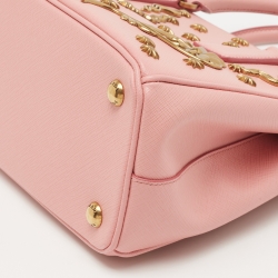 Pre Owned Prada Pink Saffiano Lux Leather Small Star Moon Galleria Double Zip Tote