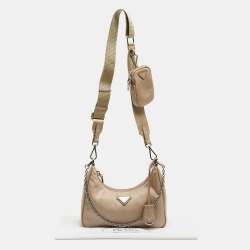 Pre Owned Prada Beige Nylon and Leather Re-Edition 2005 Baguette Bag