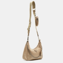 Pre Owned Prada Beige Nylon and Leather Re-Edition 2005 Baguette Bag