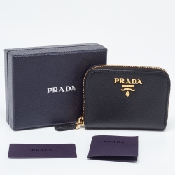 Pre Owned Prada Black Leather Zip Around Compact Wallet
