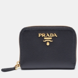 Pre Owned Prada Black Leather Zip Around Compact Wallet