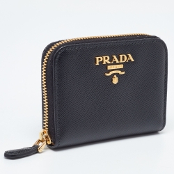 Pre Owned Prada Black Leather Zip Around Compact Wallet
